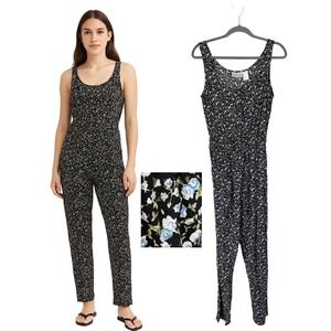 Basic Editions Womens Vintage Floral Jumpsuit Black Blue Rayon Sleeveless Size 8